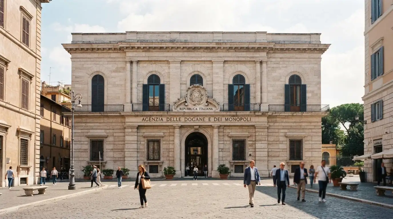 La facciata della sede dell'Agenzia delle Dogane e dei Monopoli a Roma, con l'insegna istituzionale ben visibile