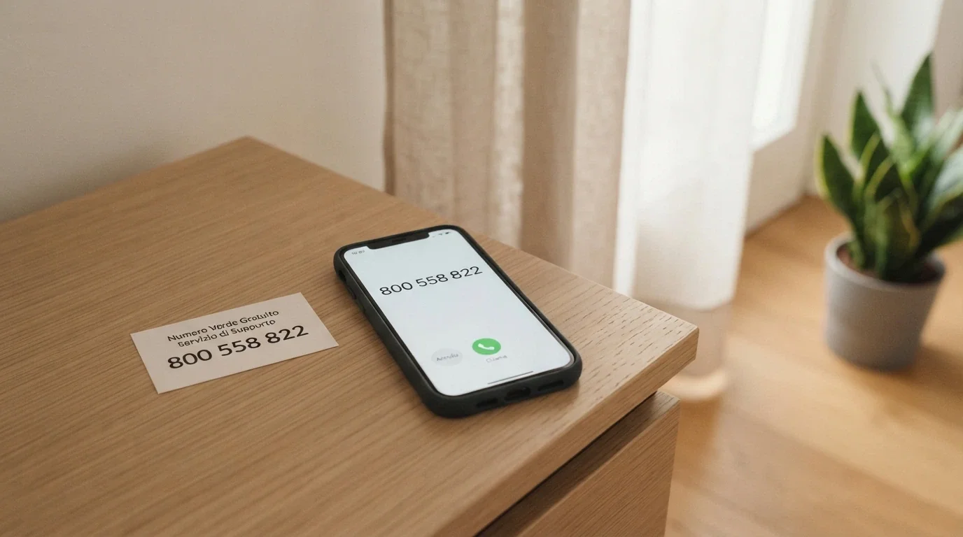 Una linea telefonica di aiuto con il numero verde 800 558 822 in evidenza e un operatore pronto a rispondere, in un ambiente sobrio e rassicurante