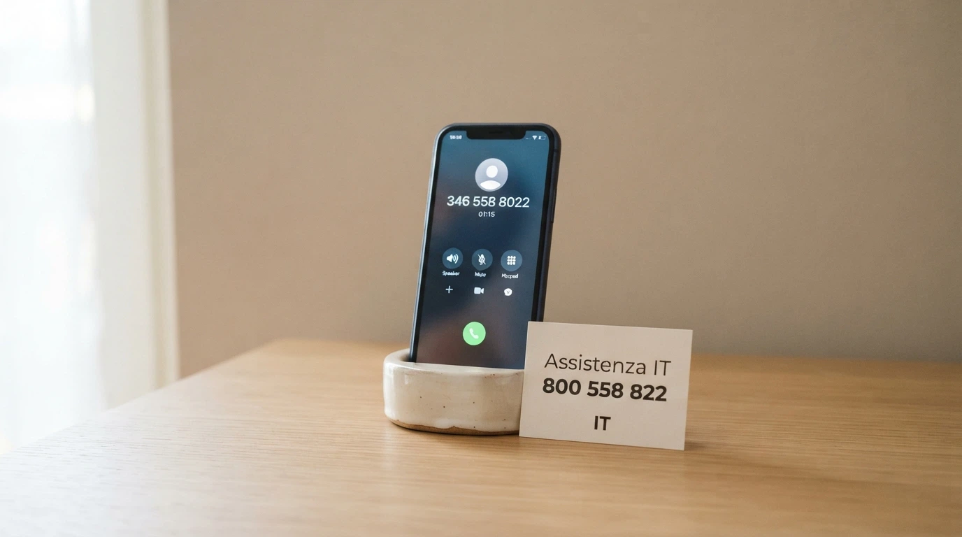 Un telefono con la cornetta alzata accanto al numero verde 800 558 822, su sfondo sobrio