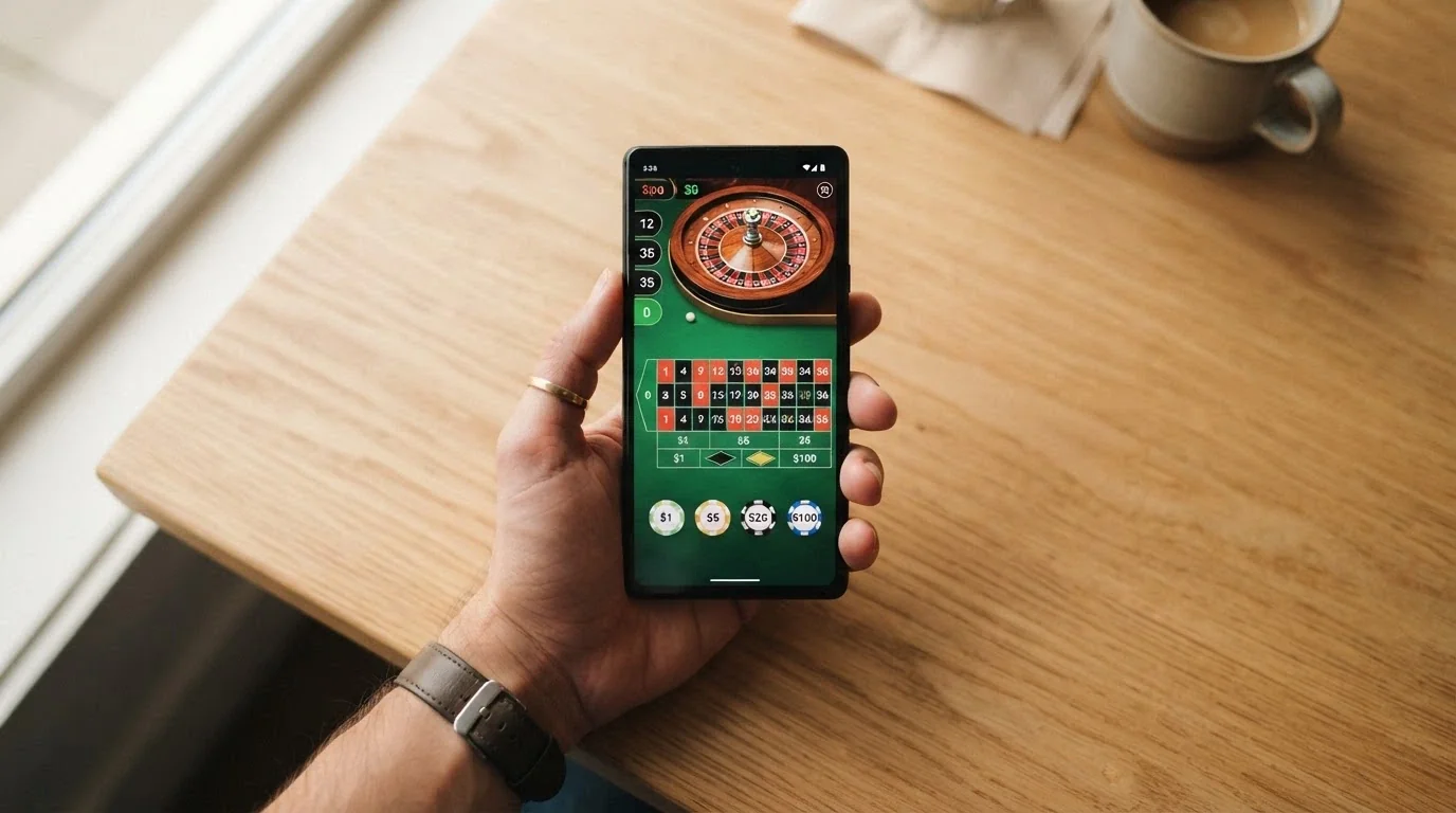 Smartphone in mano a un giocatore con interfaccia touch di roulette live dealer sullo schermo e pulsanti di puntata