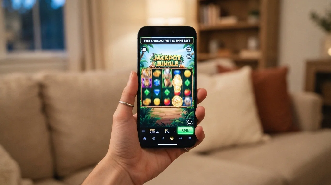 Uno smartphone in verticale che mostra l'interfaccia mobile di un casinò online con la notifica di giri gratis attivi e una slot in esecuzione