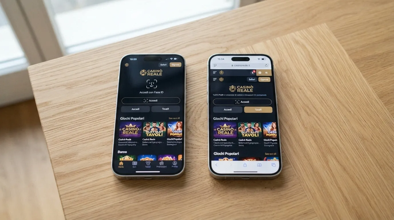 Schermata comparativa tra un'app casinò nativa su iPhone e la stessa piattaforma aperta nel browser Safari