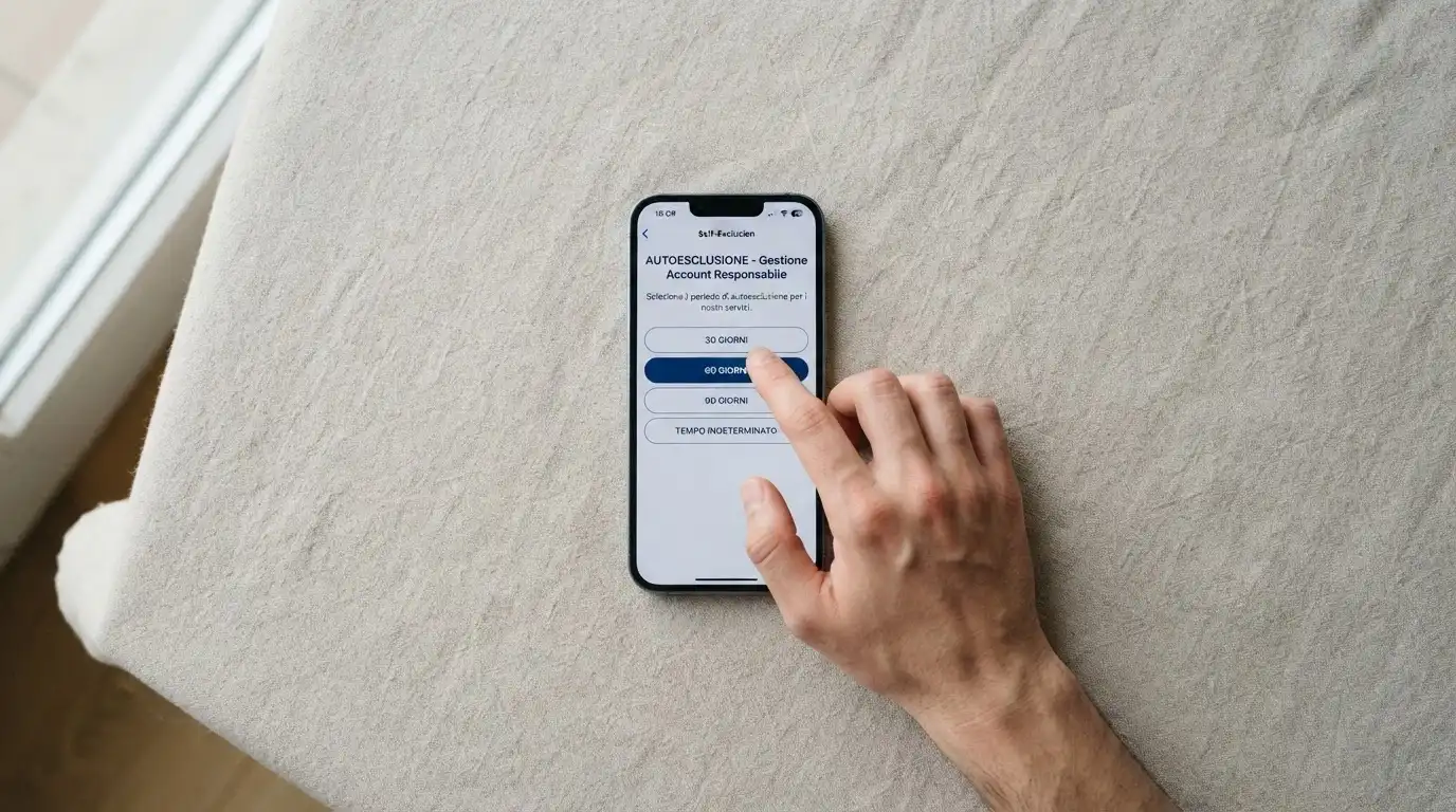 L'interfaccia di attivazione dell'autoesclusione RUA su iPhone, con le opzioni di durata e le modalità introdotte nel 2026