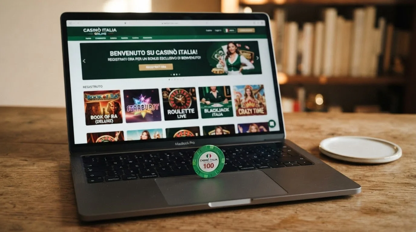 Una banconota da 5 euro appoggiata sulla tastiera di un computer portatile con l'interfaccia di un casinò ADM sullo schermo
