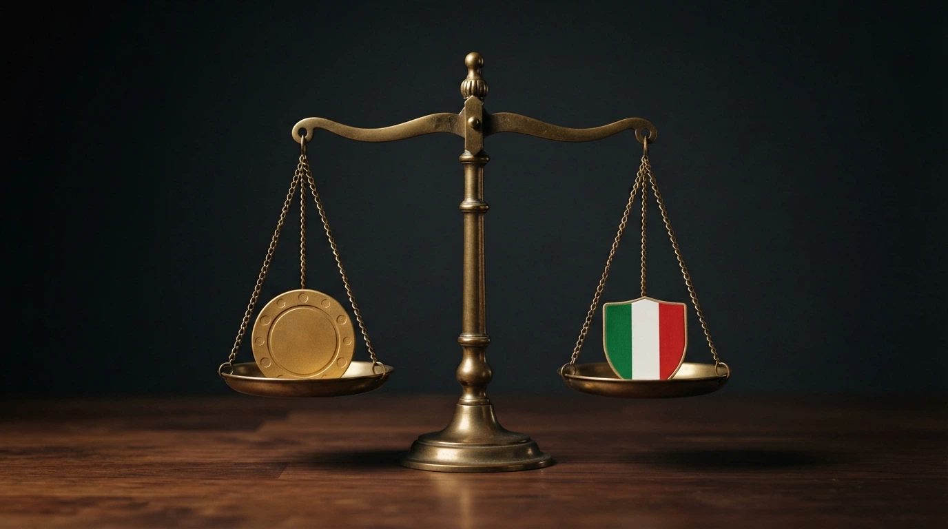 Una bilancia con il logo Ethereum su un piatto e uno scudo con la bandiera italiana sull'altro, in equilibrio precario
