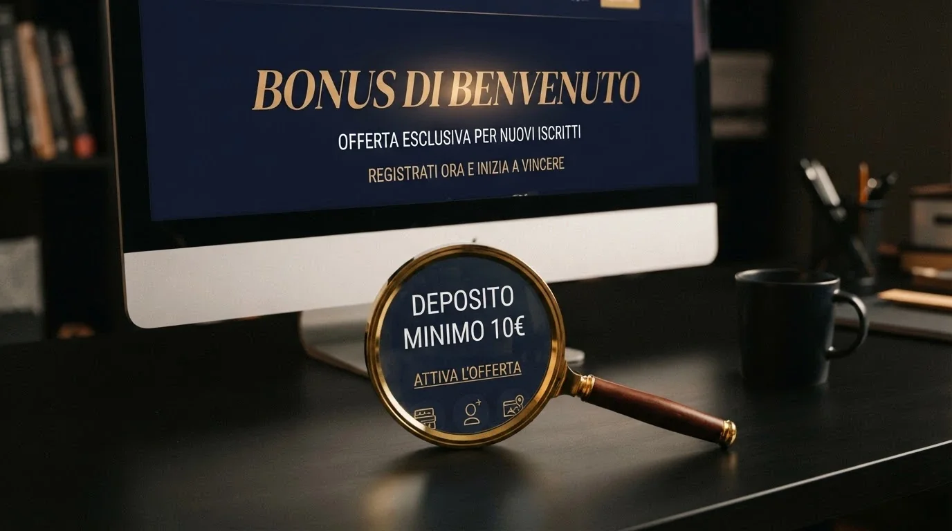 Un pannello promozionale di un casinò online che mostra «bonus di benvenuto» con una lente di ingrandimento che evidenzia la scritta «deposito minimo 10€» in piccolo