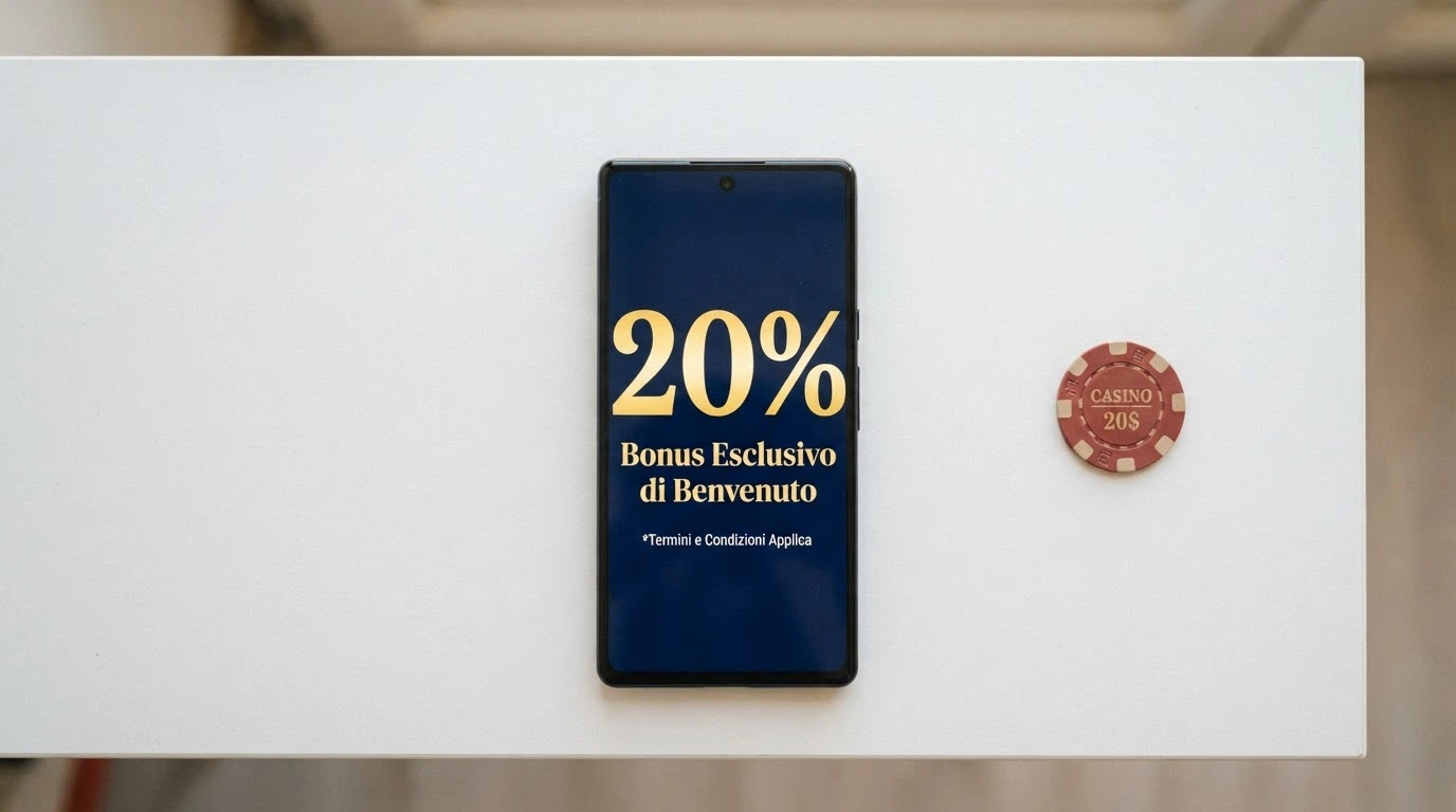 Schermata promozionale di un bonus di benvenuto casino con l'importo in evidenza e la sezione live visibile sullo sfondo