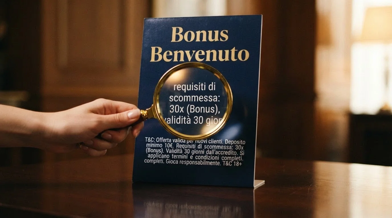 Un pannello promozionale con la scritta «Bonus Benvenuto» e una lente di ingrandimento posata sui termini e condizioni in caratteri piccoli