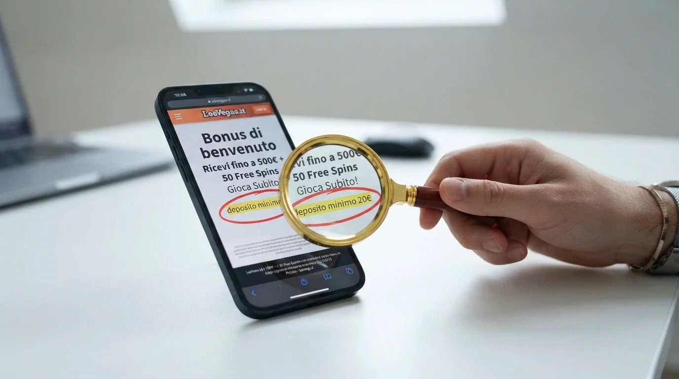 Una schermata di benvenuto di un casinò online con la dicitura «Bonus di benvenuto» e in sovrimpressione una lente d'ingrandimento che mette a fuoco la scritta «deposito minimo 20€»