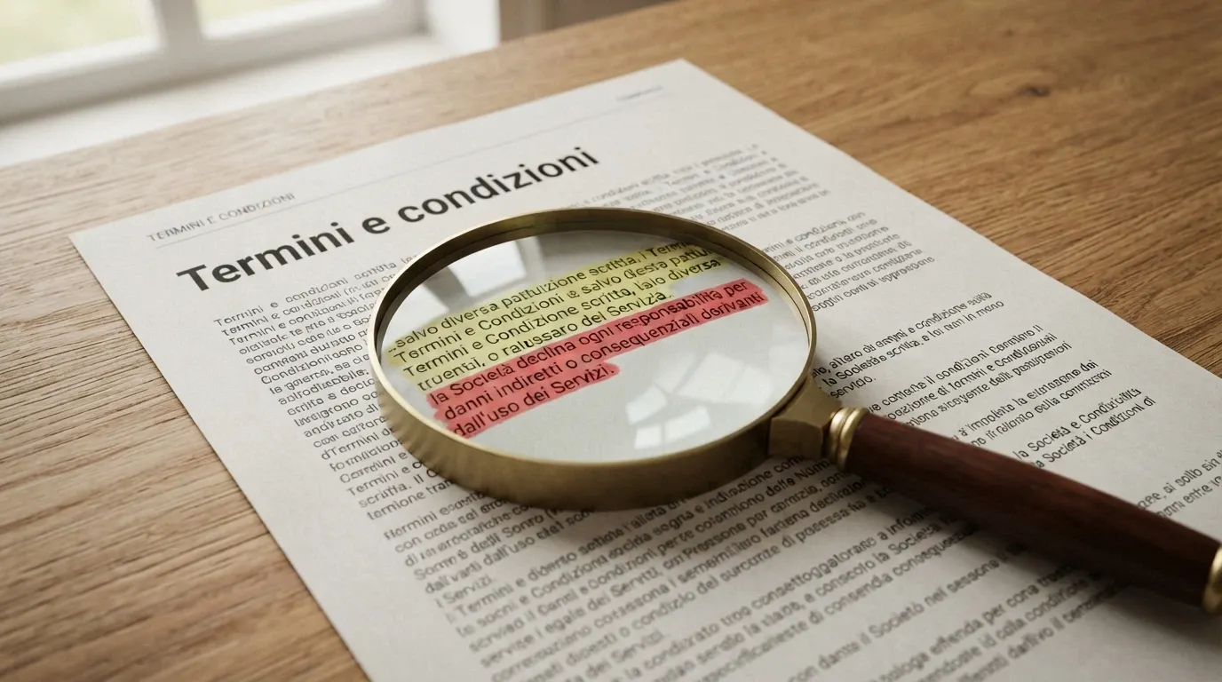 Una lente di ingrandimento posata su un documento con la scritta «Termini e condizioni bonus», con alcune clausole evidenziate in giallo e una in rosso