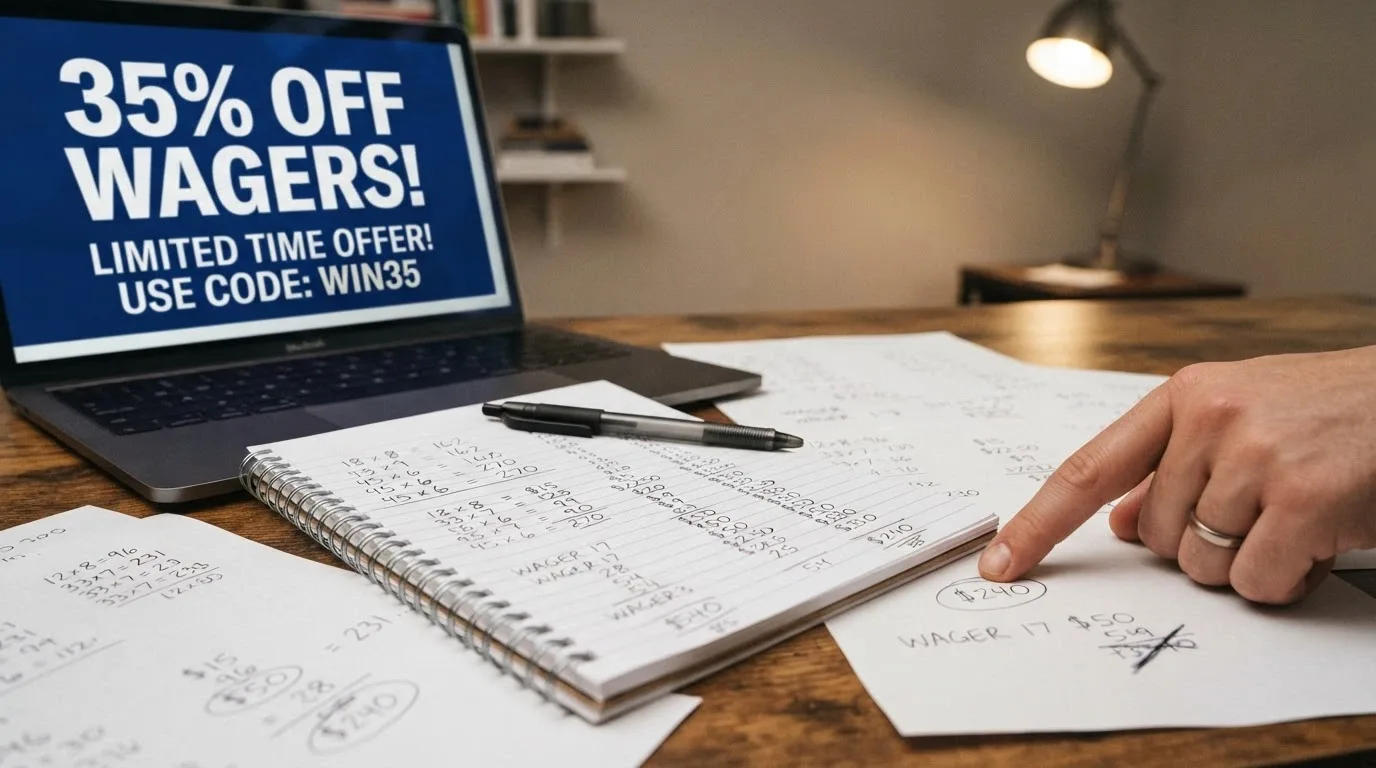 Una calcolatrice accanto a una schermata di benvenuto di un casinò online con la cifra 250% in evidenza, fogli con calcoli di wagering