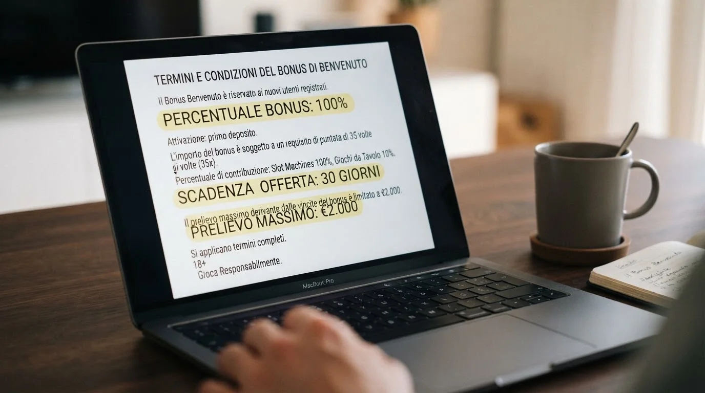 Un primo piano di uno schermo con i termini e condizioni di un bonus crypto evidenziati: percentuale, wagering, scadenza e limite di prelievo
