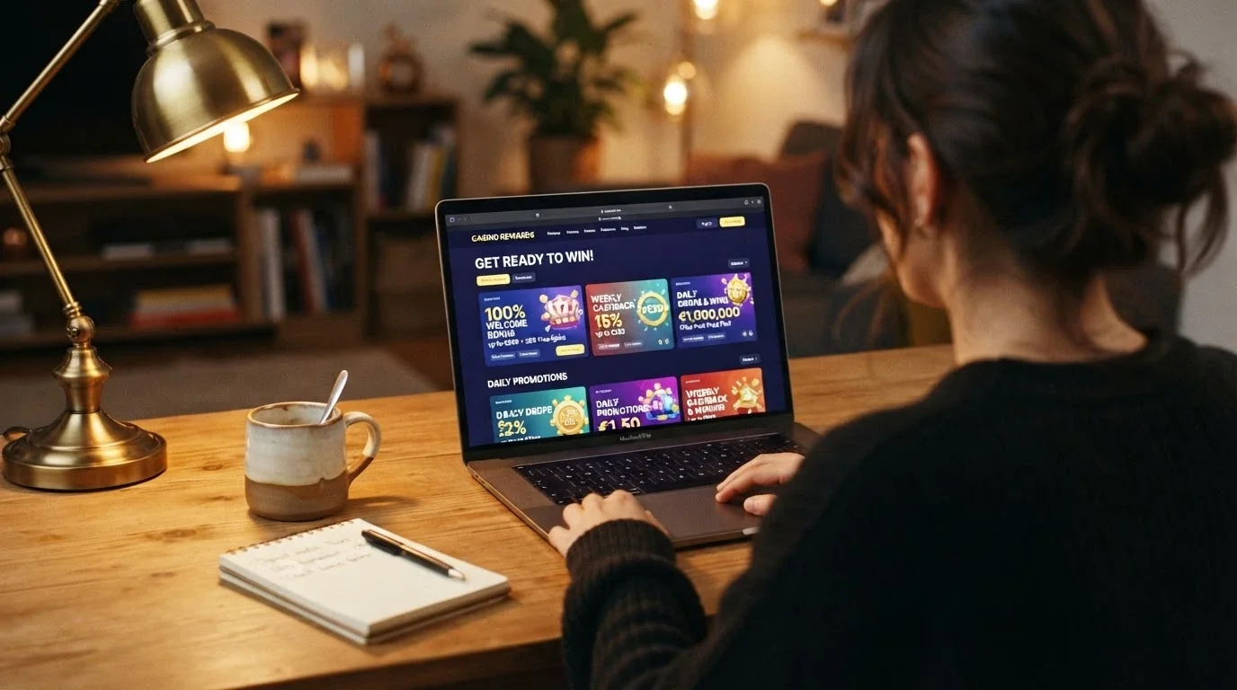 Sezione promozioni di un casinò online con riquadri che mostrano offerte di bonus e termini e condizioni in evidenza