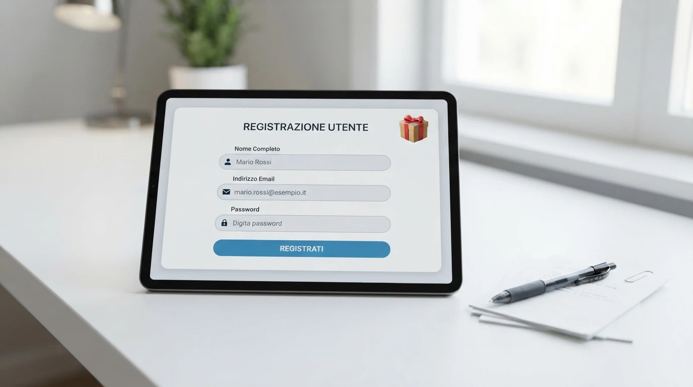 Un modulo di registrazione a un casinò online con i campi nome, email e documento, affiancato dall'icona di un regalo che rappresenta il bonus