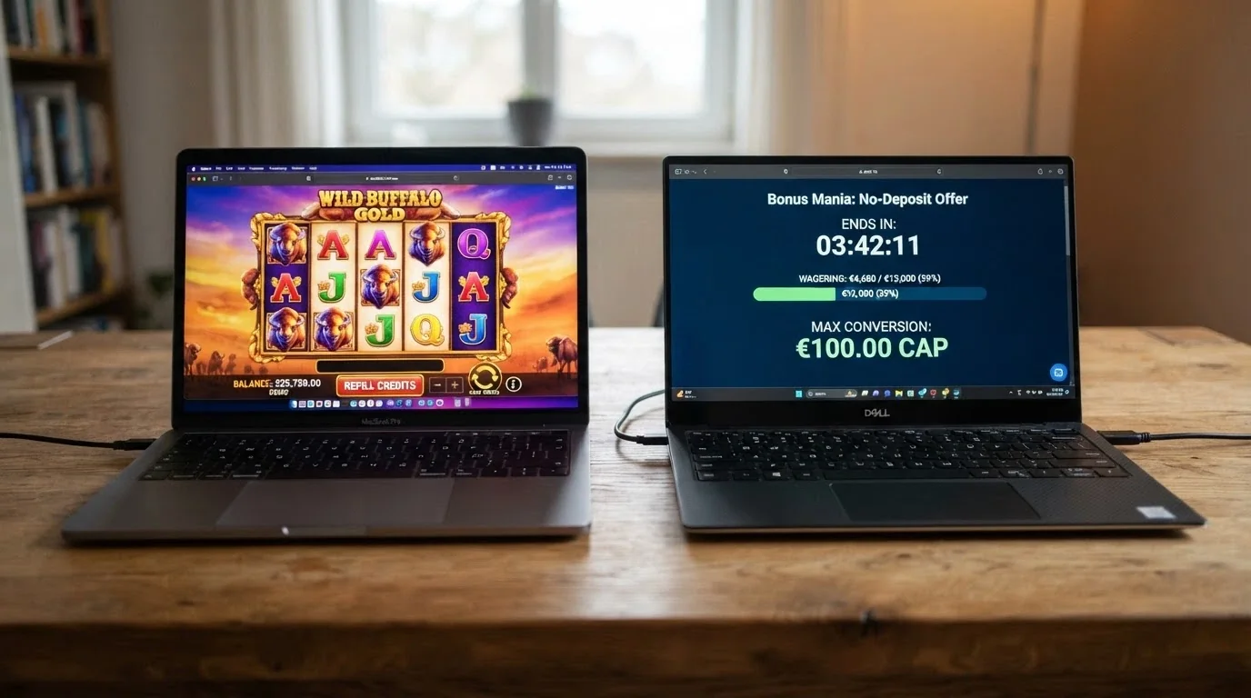 Schermata comparativa: a sinistra un saldo in crediti demo illimitati, a destra un pannello di bonus senza deposito con requisiti di wagering