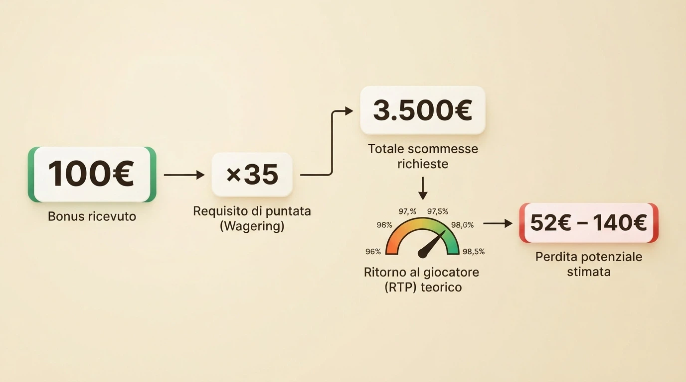 Schema visivo del calcolo del costo reale di un bonus casinò: importo, requisito di scommessa, RTP e perdita attesa