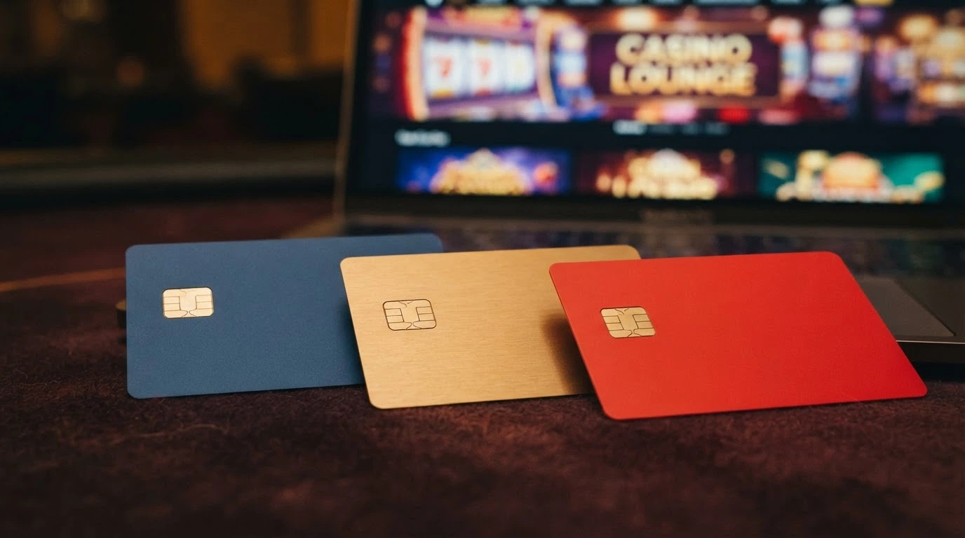 Tre carte di pagamento (Visa, Mastercard, Postepay) affiancate sullo schermo di un casinò online con la scritta deposito istantaneo