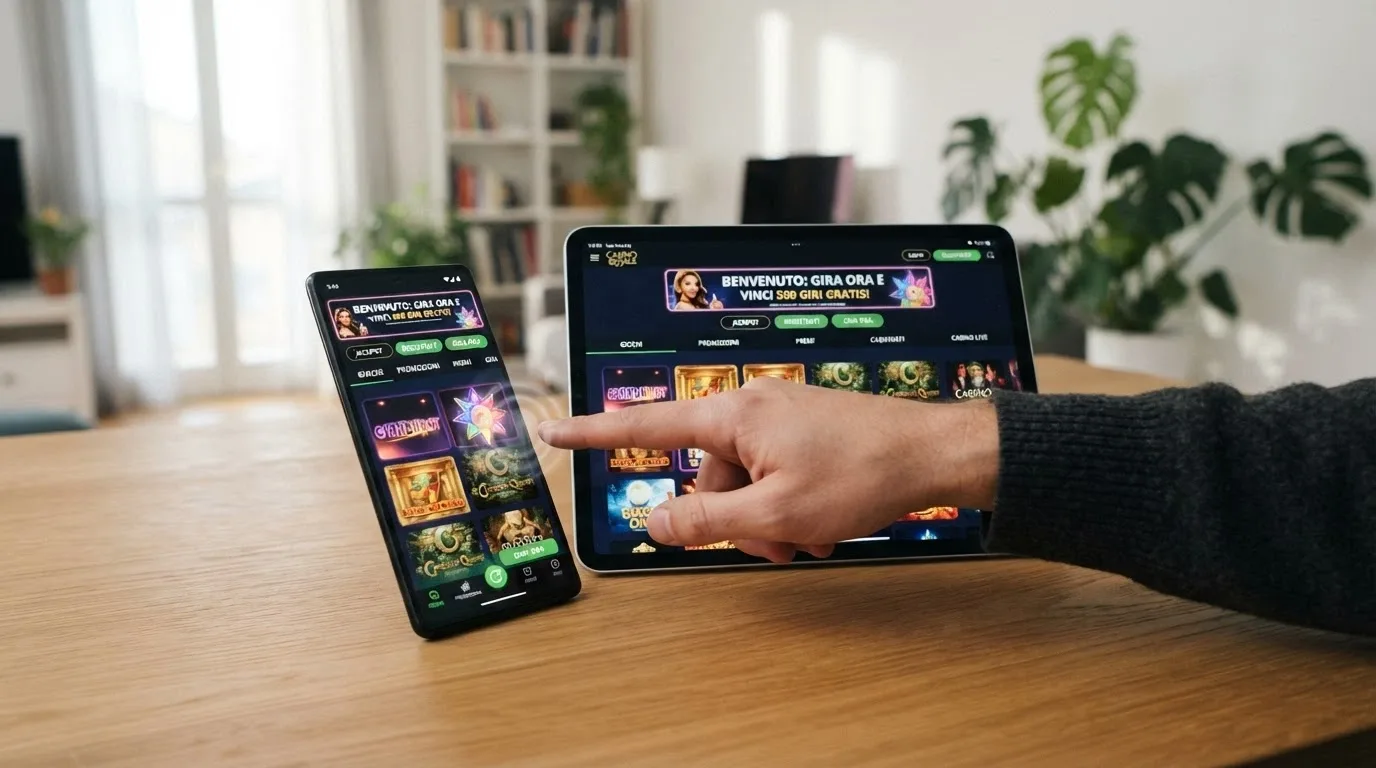 Smartphone con l'app di un casino ADM aperta sulla pagina dei free spin senza deposito, affiancato da un tablet con la versione browser mobile