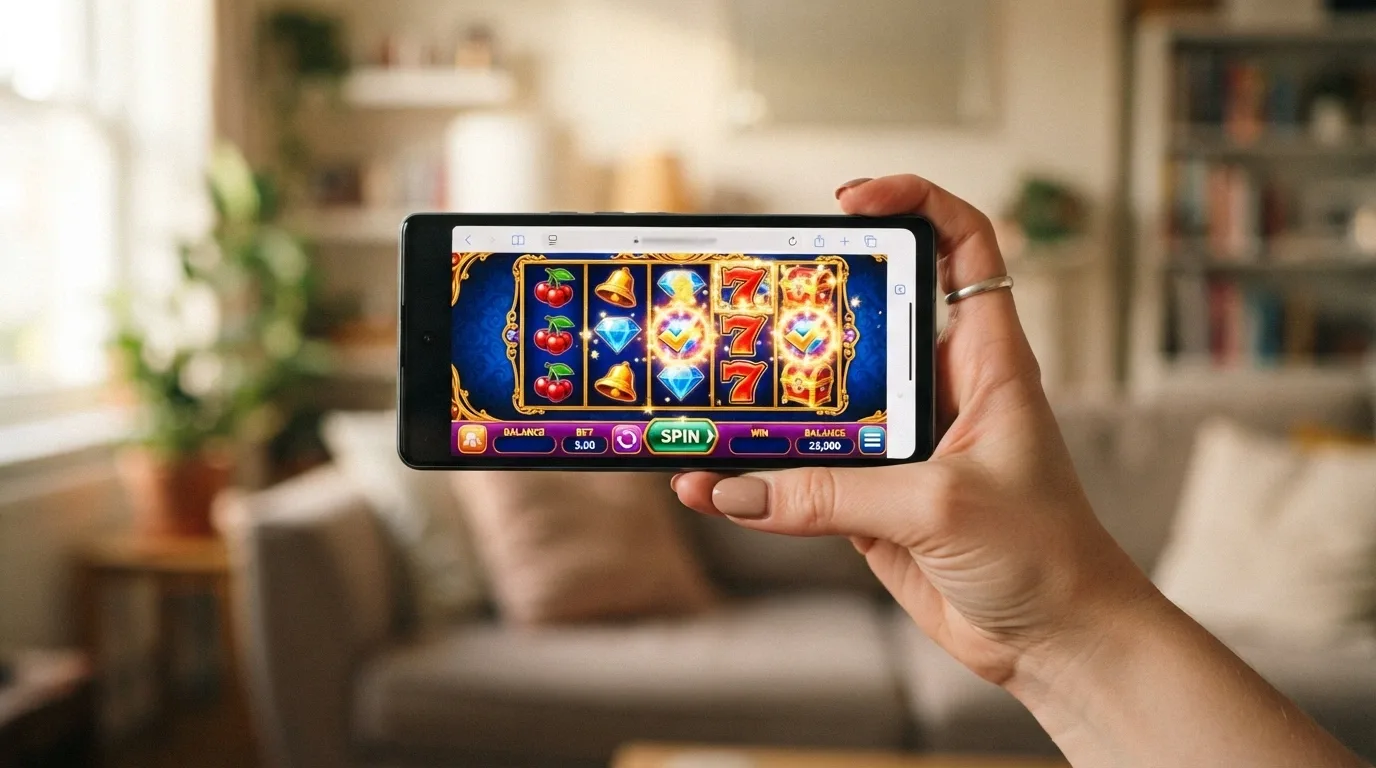 Una mano tiene uno smartphone in orizzontale che mostra un casinò Bitcoin nel browser mobile, con una slot in esecuzione e il menu di navigazione visibile