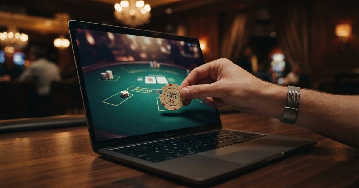Una mano che appoggia una moneta da 5 euro sul tavolo virtuale di un casinò online, con il simbolo ADM visibile in trasparenza sullo sfondo
