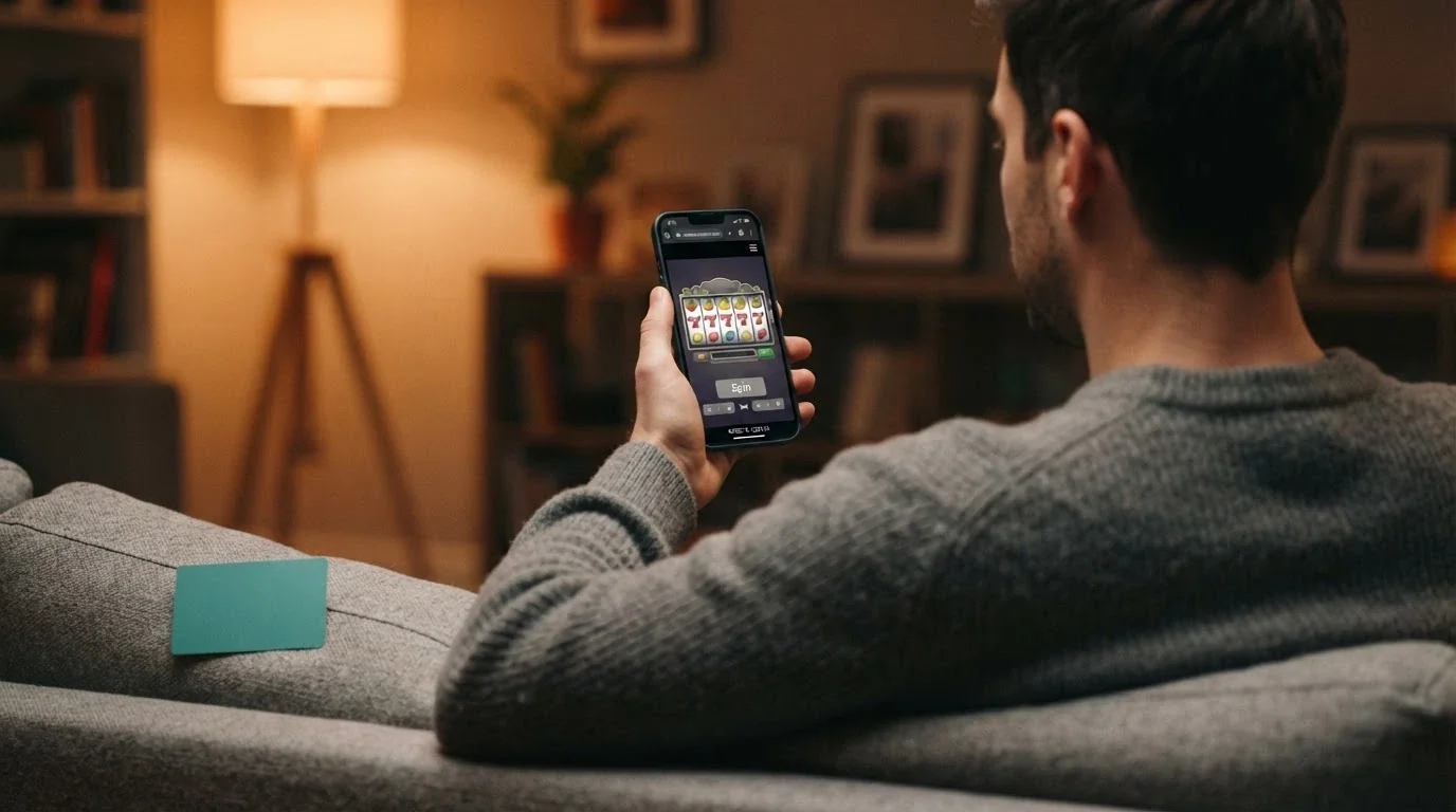 Uno smartphone in mano con l'interfaccia di un casinò non AAMS aperta nel browser, la carta Postepay visibile nell'inquadratura