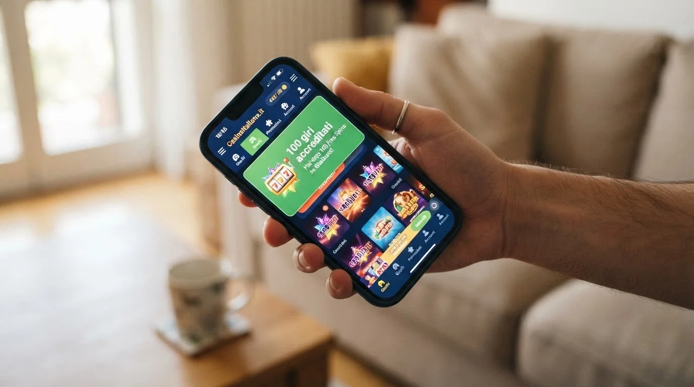 Una mano che tiene uno smartphone con l'interfaccia mobile di un casinò ADM e una notifica di accredito giri gratis in primo piano