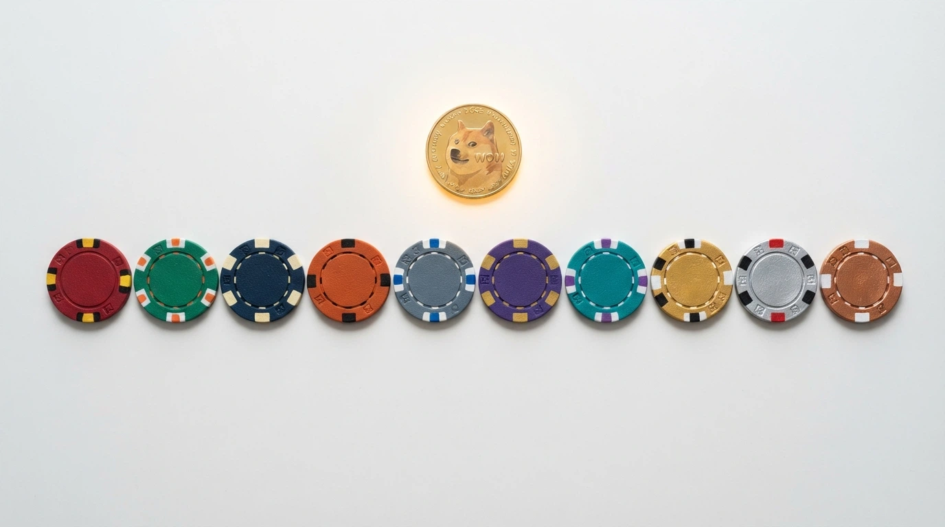 Una fila di dieci loghi di casinò online allineati orizzontalmente su sfondo bianco, con il simbolo Ð di Dogecoin come elemento unificante