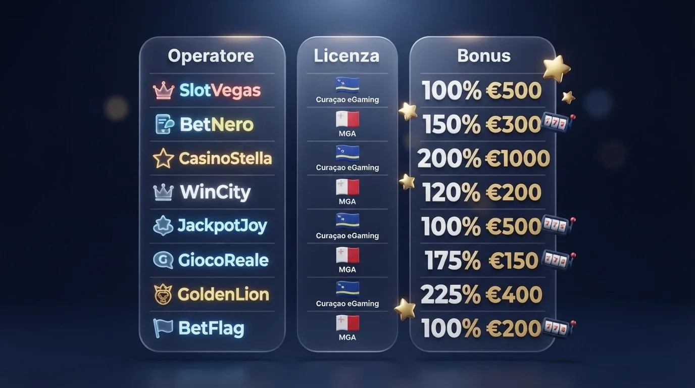 Una tabella comparativa stilizzata con le bandiere di Curaçao e Malta nella colonna licenza, affiancate da icone di percentuali bonus e giri gratis