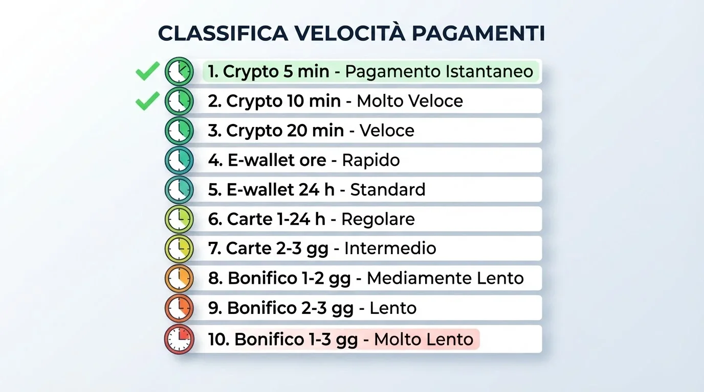 Una classifica stilizzata con icone di orologi accanto ai nomi degli operatori, il più veloce in cima con un segno di spunta verde