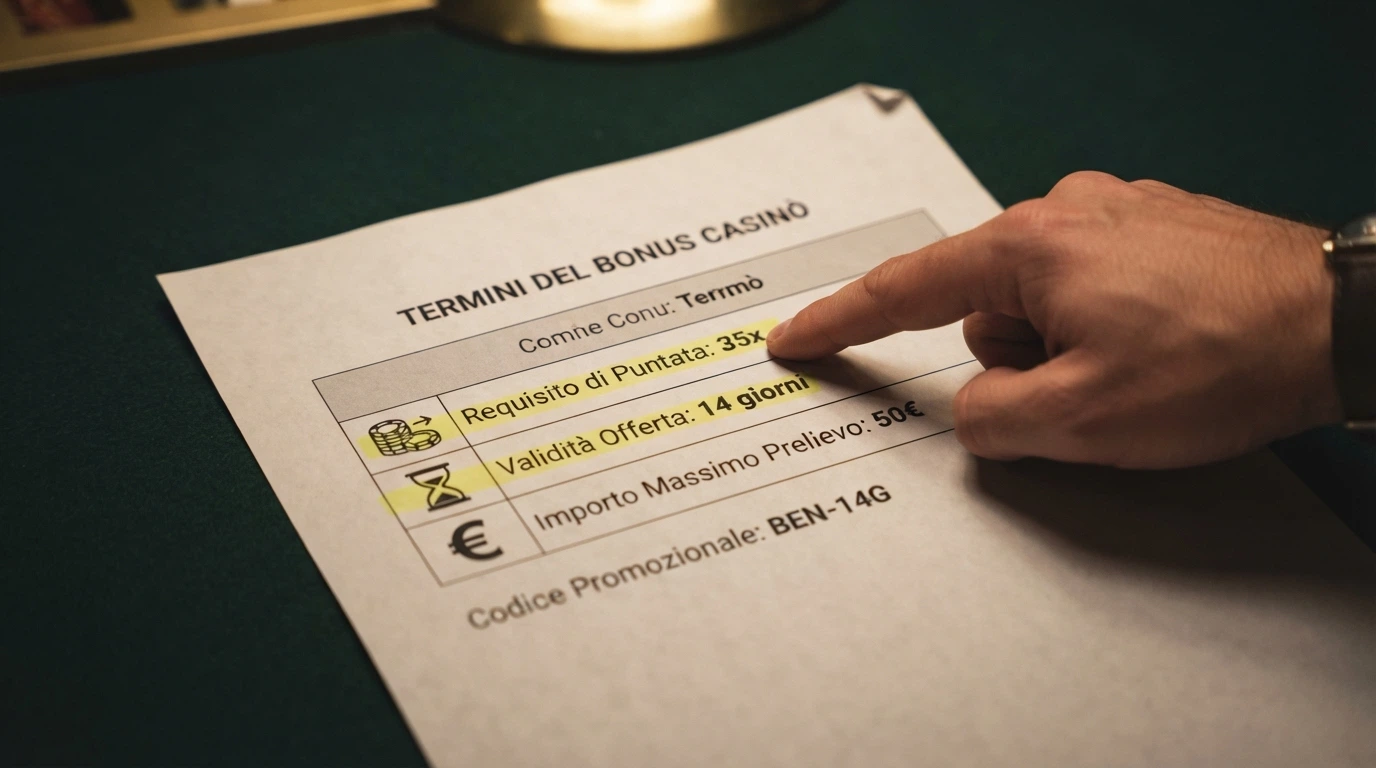 Un pannello delle condizioni di un bonus senza deposito con evidenziati: requisito di puntata (35x), scadenza (14 giorni) e importo del bonus (50€)