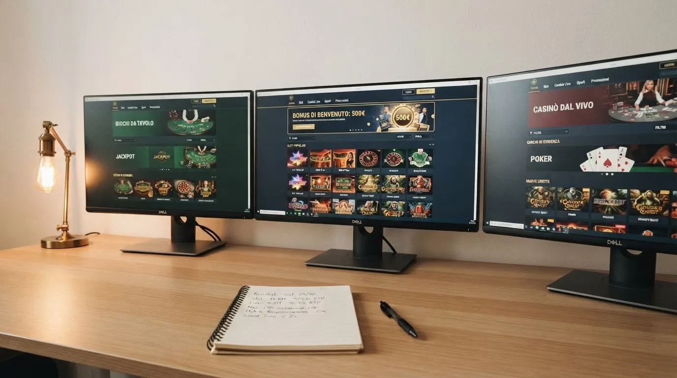 Una scrivania con tre schermi che mostrano le homepage di diversi casinò online legali italiani, con un block notes che riporta cifre di deposito minimo a confronto