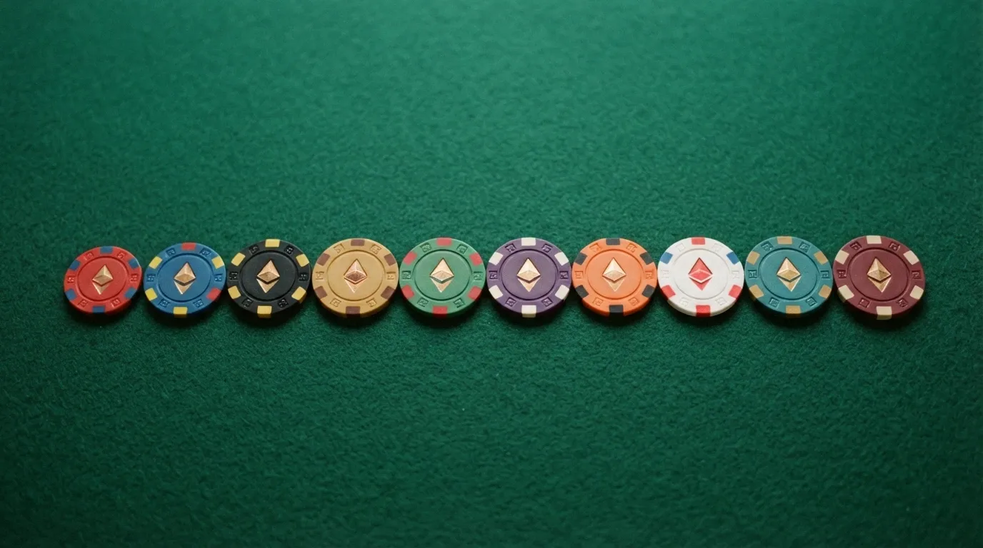 Una fila di chip da casinò con sopra il logo di Ethereum, disposte in ordine come una classifica