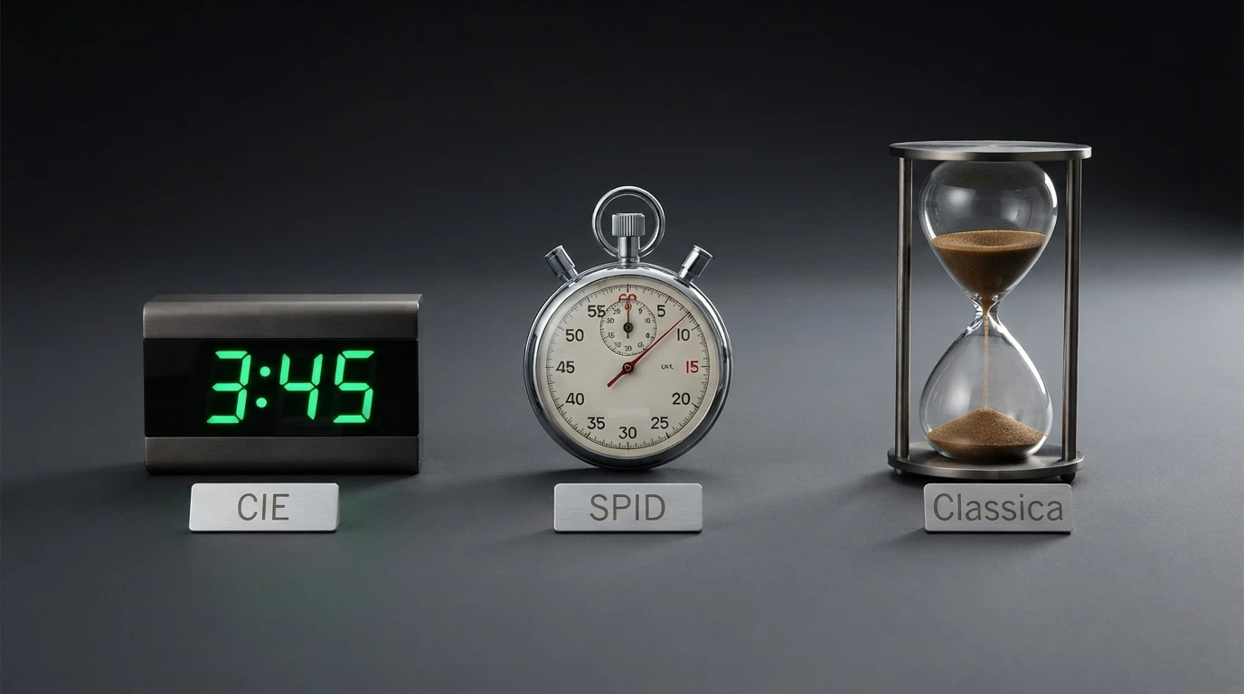 Tre timer affiancati con le icone di CIE, SPID e un documento cartaceo, ciascuno con il proprio tempo di registrazione