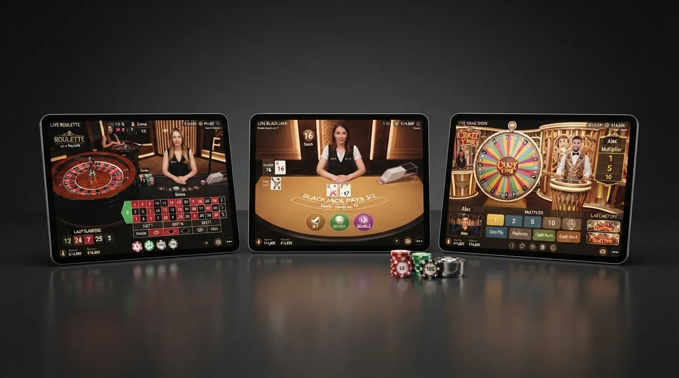 Tre interfacce di casinò live dealer ADM affiancate su sfondo scuro con elementi dell'interfaccia di gioco visibili