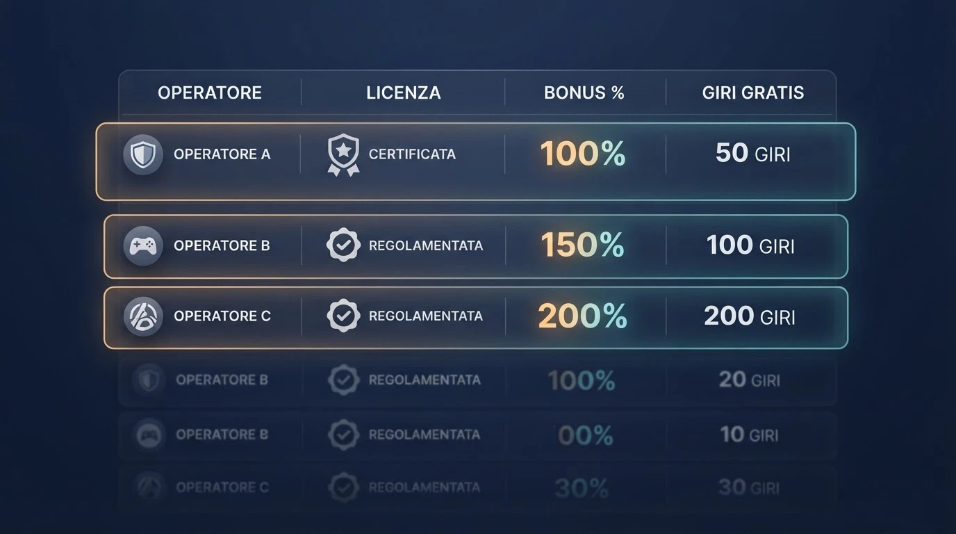 Tabella comparativa stilizzata con colonne: operatore, licenza, bonus benvenuto, giri gratuiti — primi tre operatori in evidenza
