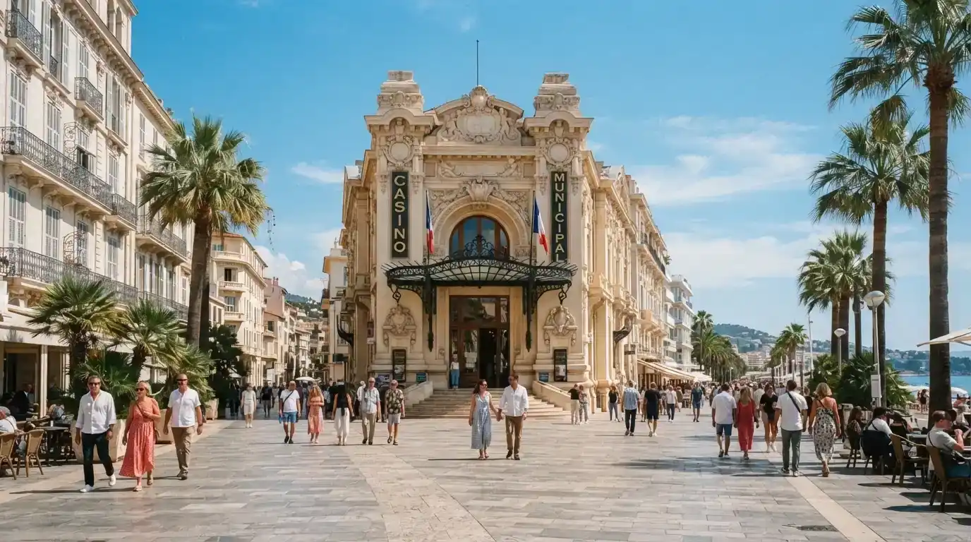 Vista di Corso degli Inglesi a Sanremo con l'ingresso del Casinò Municipale in una giornata di sole