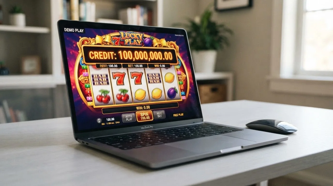 Pannello informativo di una slot in modalità demo con il saldo in crediti virtuali evidenziato in alto