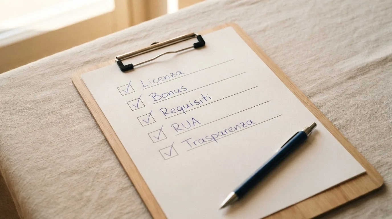Una checklist stilizzata su clipboard con i cinque criteri di valutazione spuntati uno per uno: licenza, bonus, wagering, RUA, trasparenza