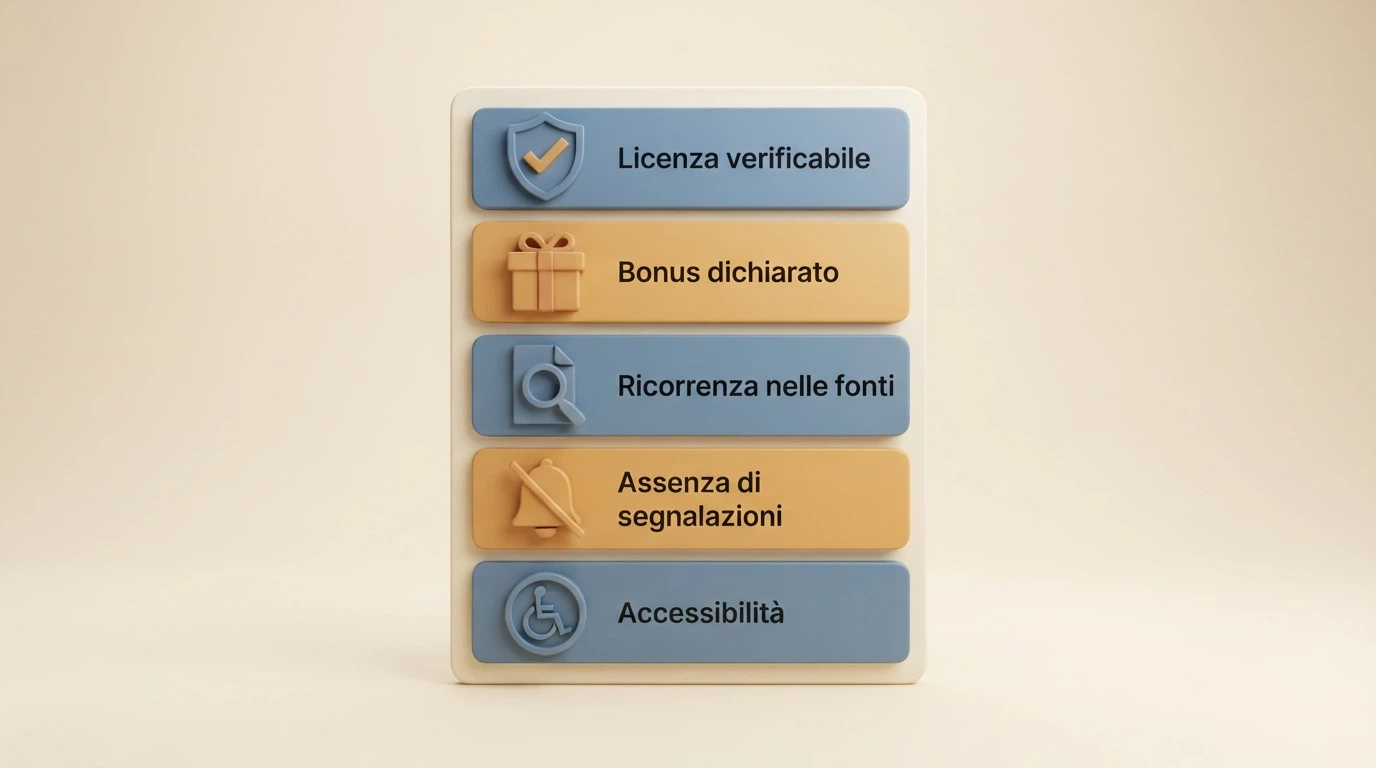 Checklist con icone: licenza verificabile, bonus dichiarato, ricorrenza nelle fonti, assenza di segnalazioni critiche, accessibilità