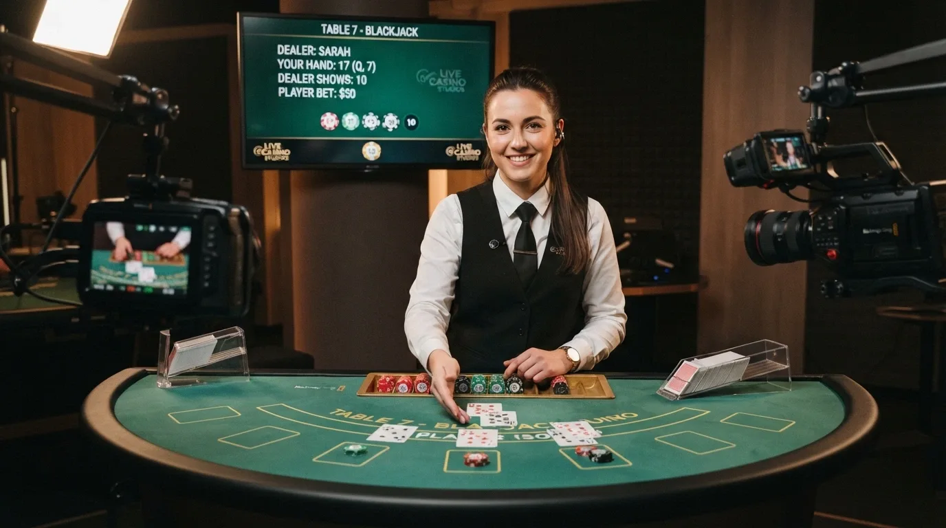 Croupier dal vivo sorridente dietro un tavolo da blackjack con interfaccia di gioco sullo schermo e angolazione multi-camera