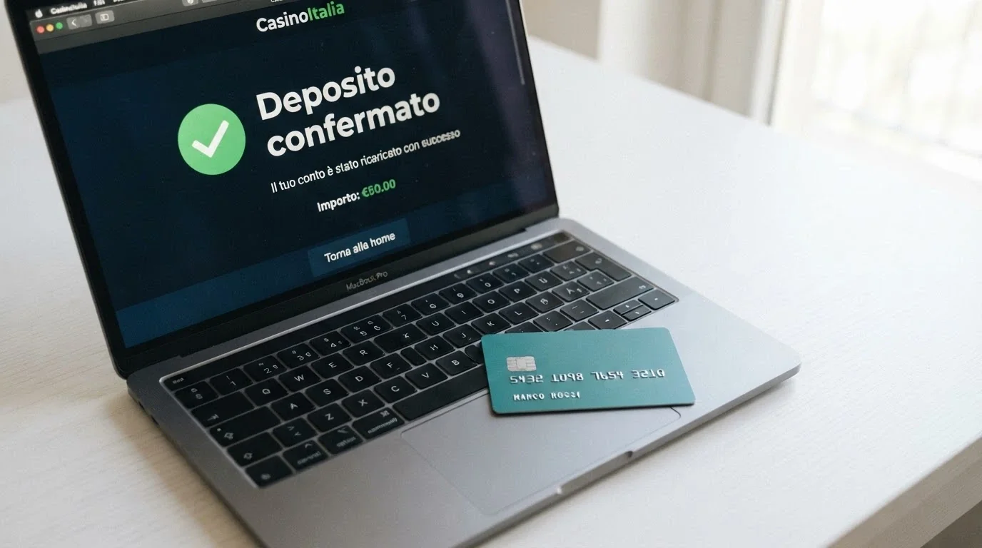 Una carta Postepay Evolution inserita nel lettore di un computer portatile, sullo schermo la conferma di un deposito avvenuto