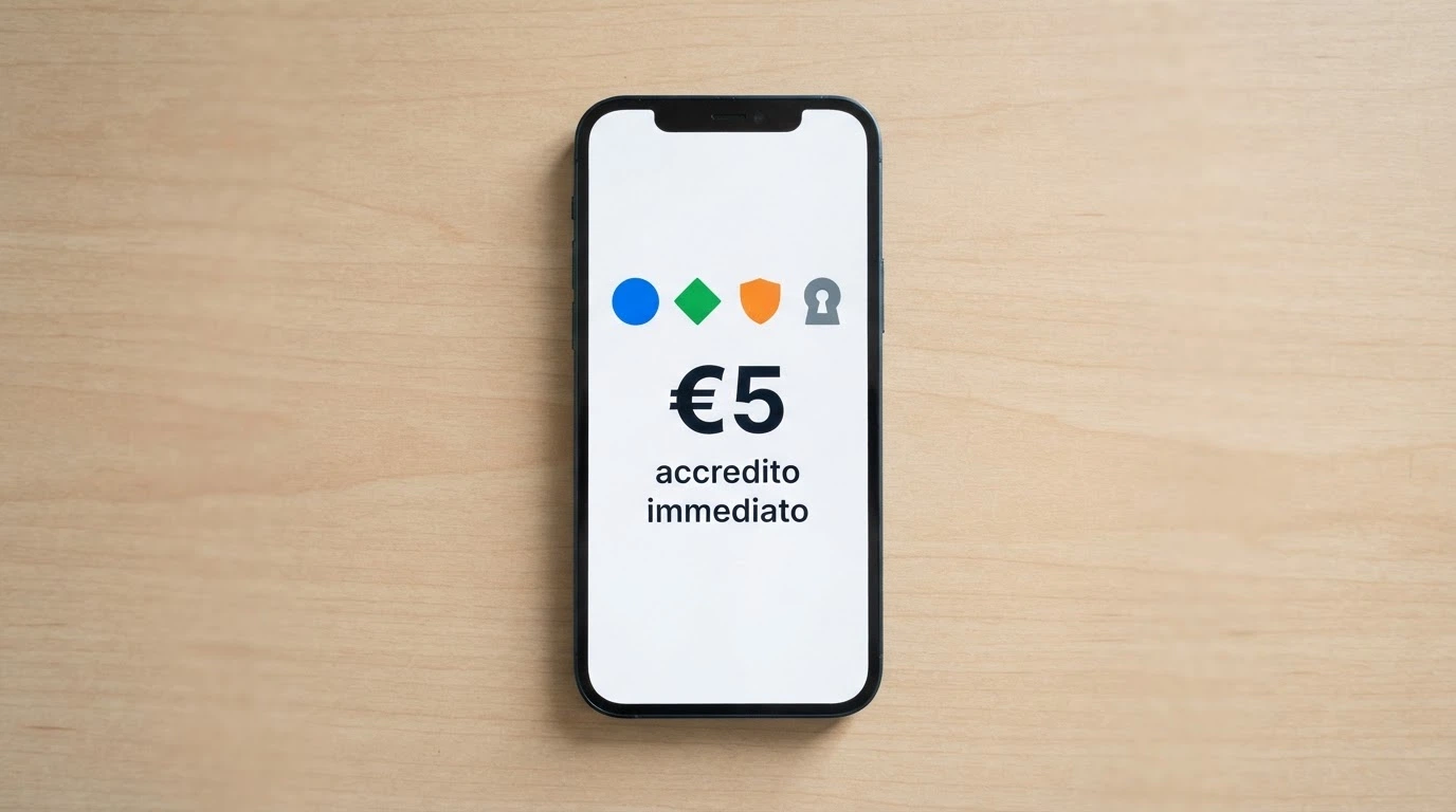 Uno smartphone con le icone di Skrill, Neteller, PayPal e Paysafecard, affiancate dall'importo 5€ e dalla dicitura «accredito immediato»