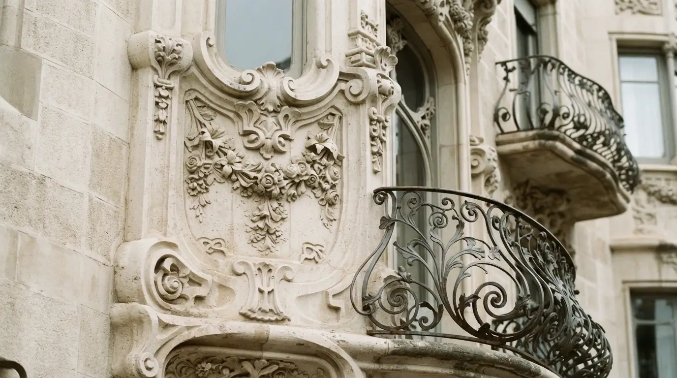 Dettaglio delle decorazioni Liberty Deco della facciata del Casinò di Sanremo, progettata da Ferret