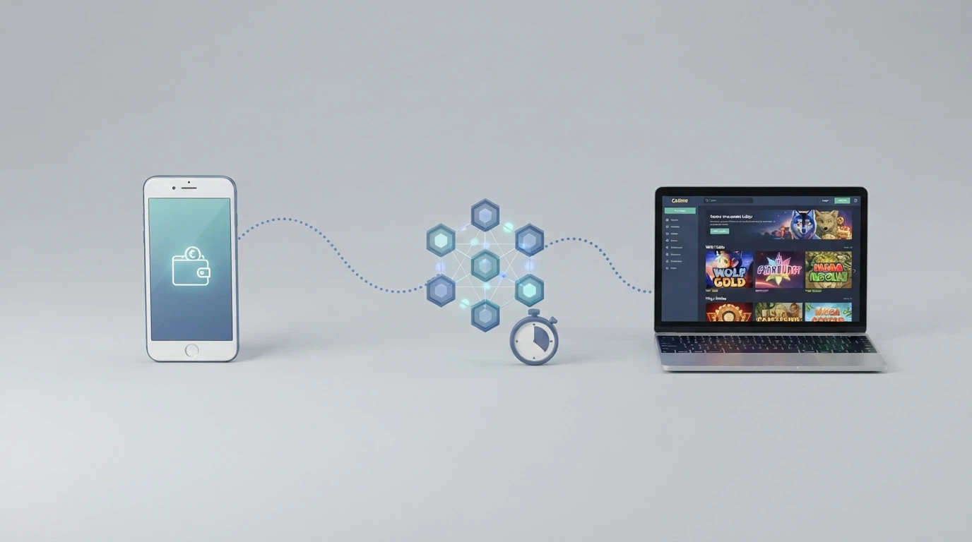Un diagramma che mostra il percorso wallet personale → blockchain Dogecoin → casinò online in tre passaggi, con cronometro stilizzato