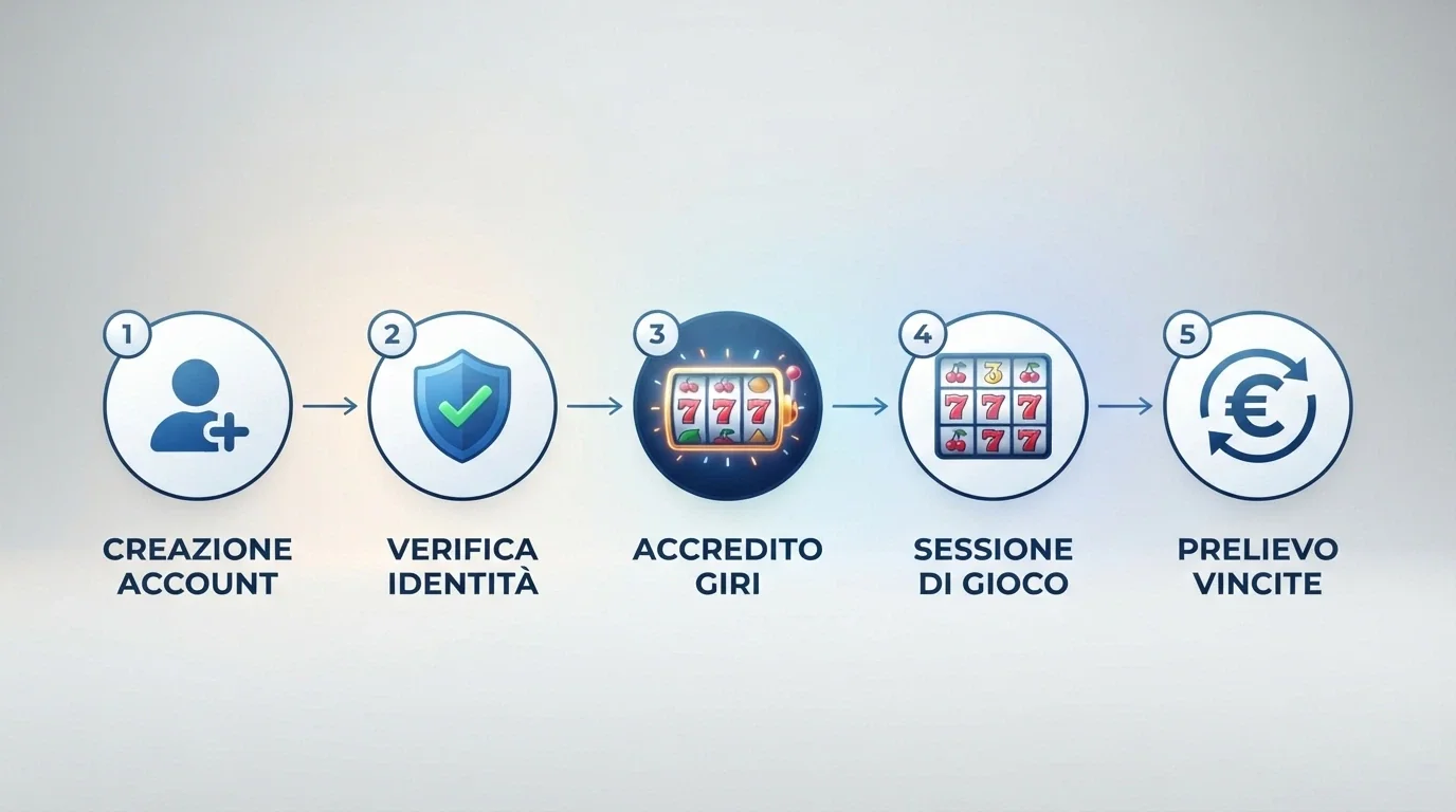 Schema visivo del percorso dal click di registrazione al prelievo delle vincite: registrazione, convalida documento, accredito giri, wagering, richiesta prelievo