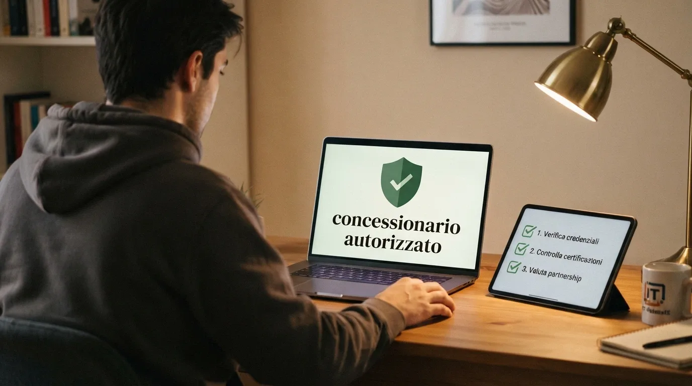 Un giocatore seduto davanti al computer che consulta una lista di controllo su un tablet: sullo schermo del computer è visibile lo scudo ADM e il testo «concessionario autorizzato»