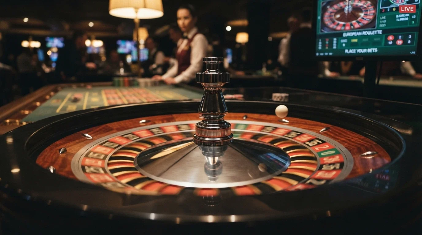 Schermata di roulette live europea con primo piano della ruota in movimento e interfaccia di puntata digitale
