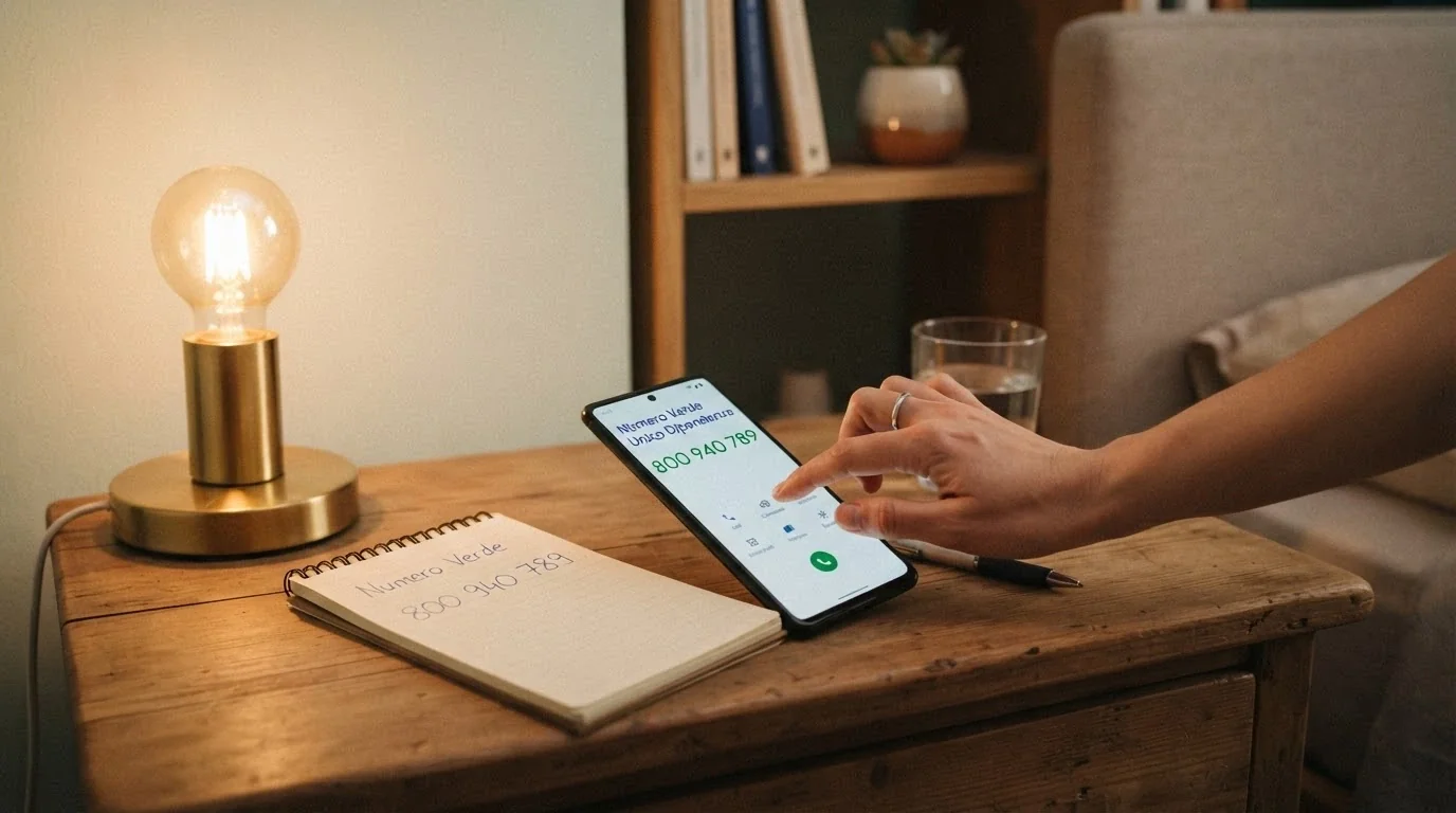 Una mano che compone un numero su un telefono fisso, con a fianco un blocco note su cui è scritto «800 940 789 — Numero Verde Unico Dipendenze» e il logo dell'ISS