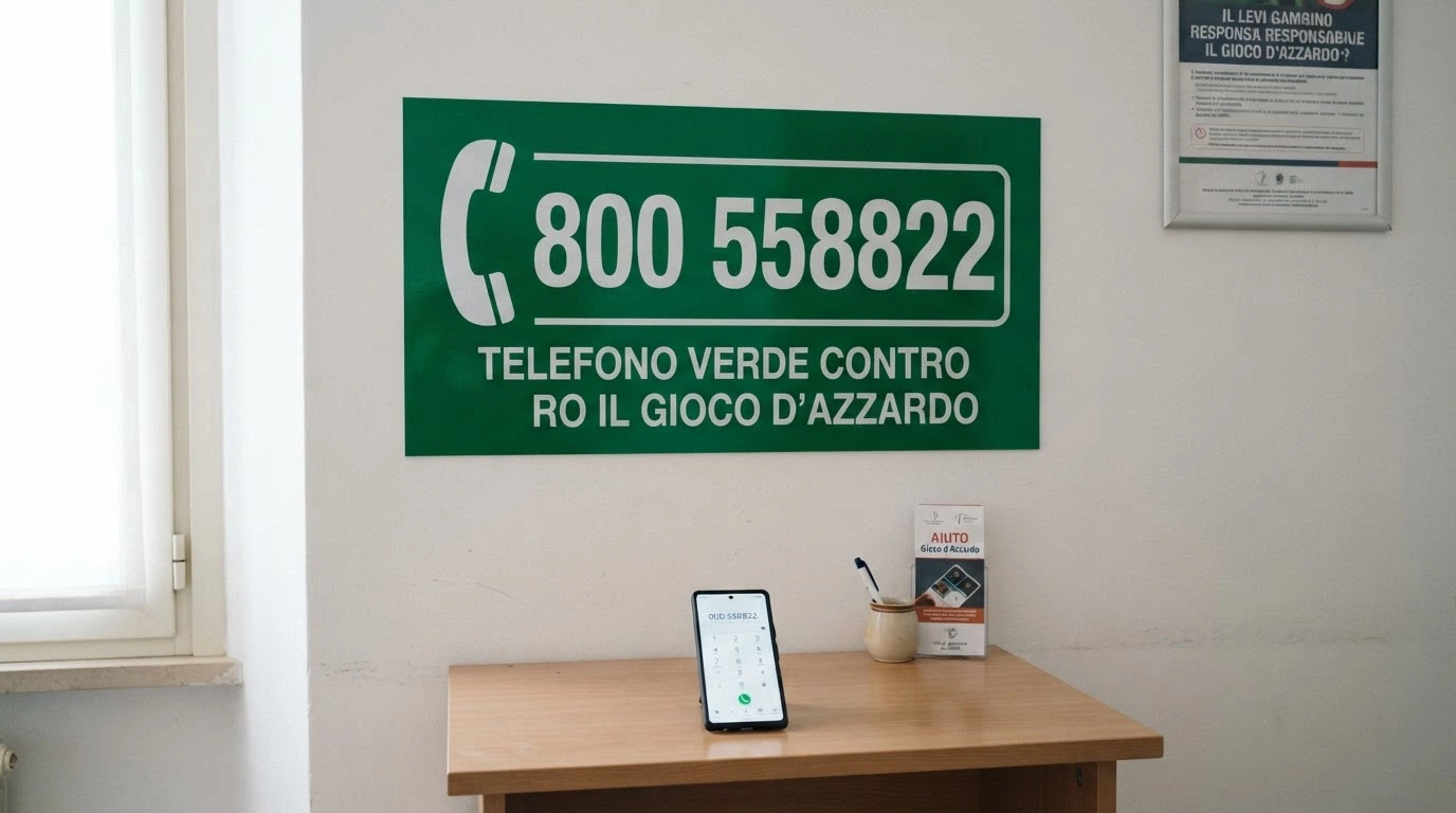 Il numero verde 800 558822 scritto in grande su uno sfondo verde, con l'icona di un telefono e la scritta «Telefono Verde contro il Gioco d'Azzardo»