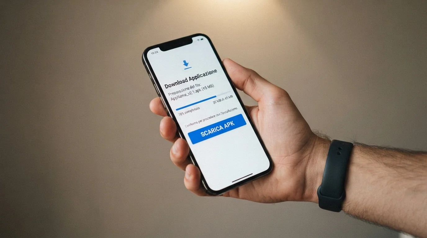 Schermata di download di un file APK dal sito ufficiale .it di un operatore ADM, con il pulsante «Scarica APK» e le istruzioni per abilitare origini sconosciute